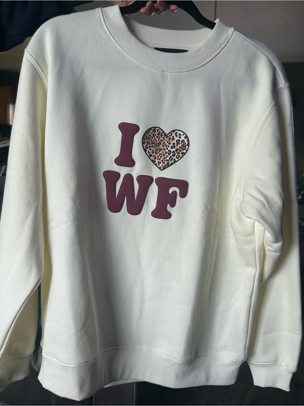 White Fox Boutique Cream Sweatshirt - Maroon Lettering and Leopard Accent - NWT